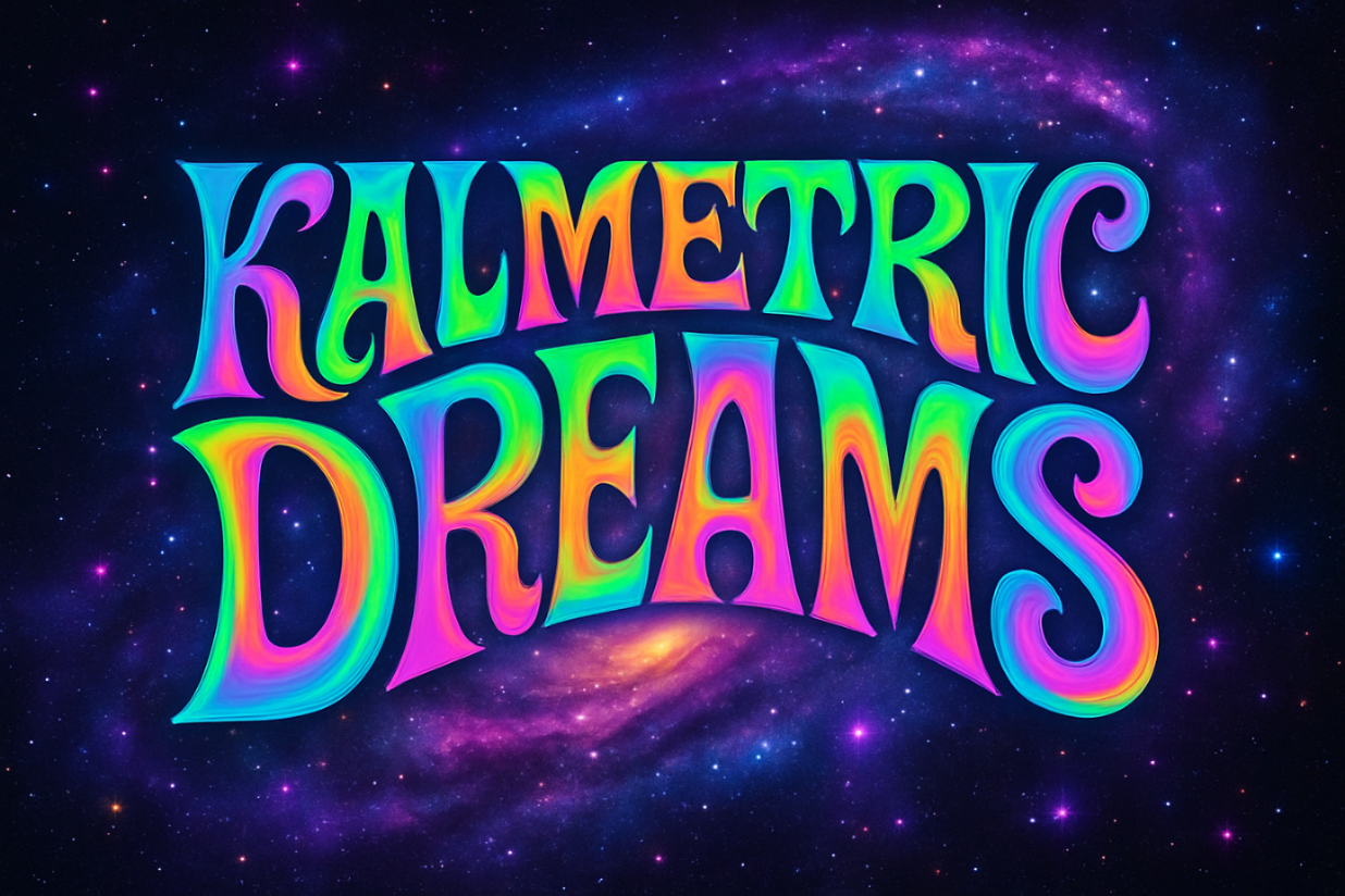 The store name KALMETRIC DREAMS in psychedelic colors with the background design looking like a far off galaxy 